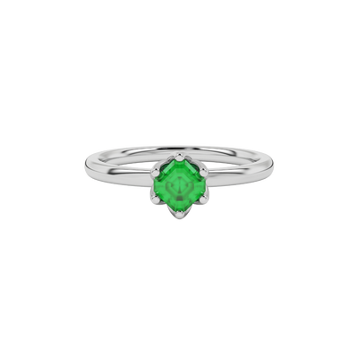 Asscher cut solitaire ring featuring a vibrant green gemstone secured in a six-prong crown setting crafted in gold