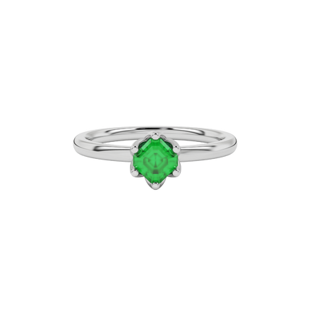 Asscher cut solitaire ring featuring a vibrant green gemstone secured in a six-prong crown setting crafted in gold