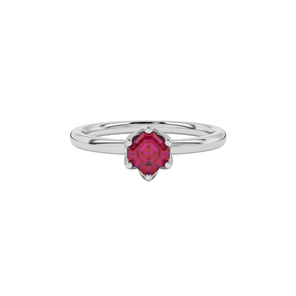 Asscher cut solitaire ring featuring a rich red gemstone secured in a six-prong crown setting crafted in gold
