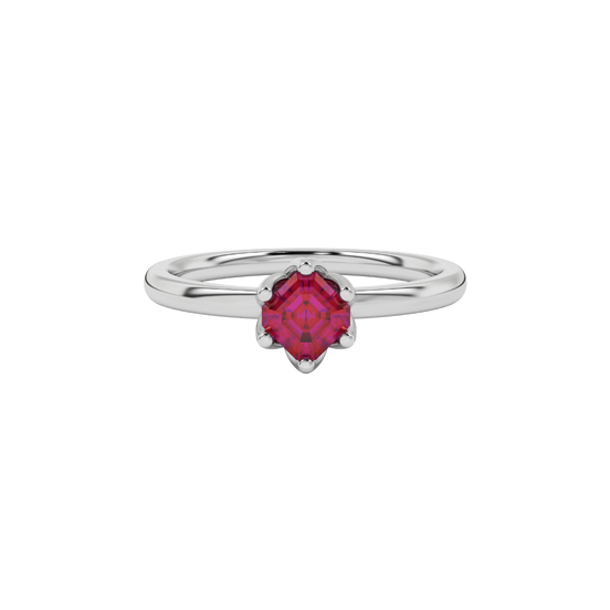 raspberry red asscher gemstone ring in white gold