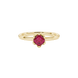 Asscher cut solitaire ring featuring a rich red gemstone secured in a six-prong crown setting crafted in gold