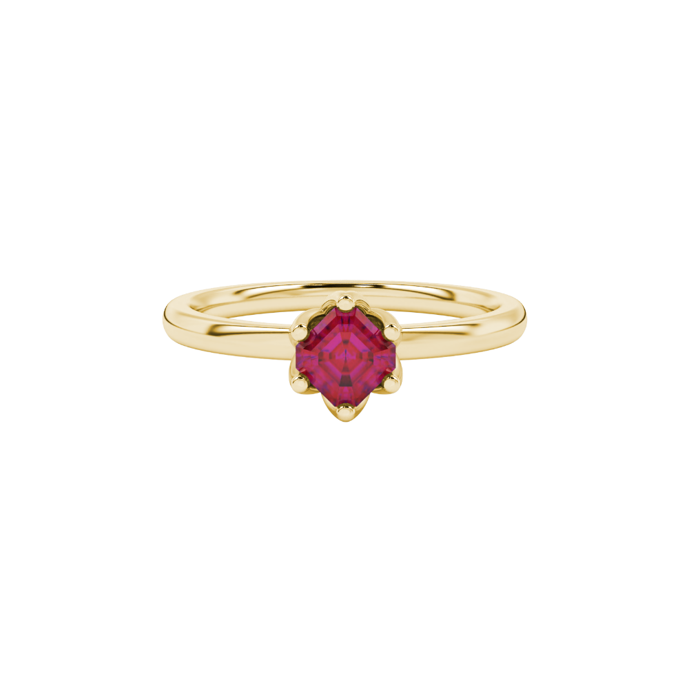 Asscher cut solitaire ring featuring a rich red gemstone secured in a six-prong crown setting crafted in gold