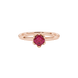 Asscher cut solitaire ring featuring a rich red gemstone secured in a six-prong crown setting crafted in gold