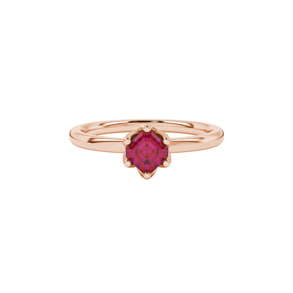 Asscher cut solitaire ring featuring a rich red gemstone secured in a six-prong crown setting crafted in gold