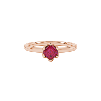 Asscher cut solitaire ring featuring a rich red gemstone secured in a six-prong crown setting crafted in gold