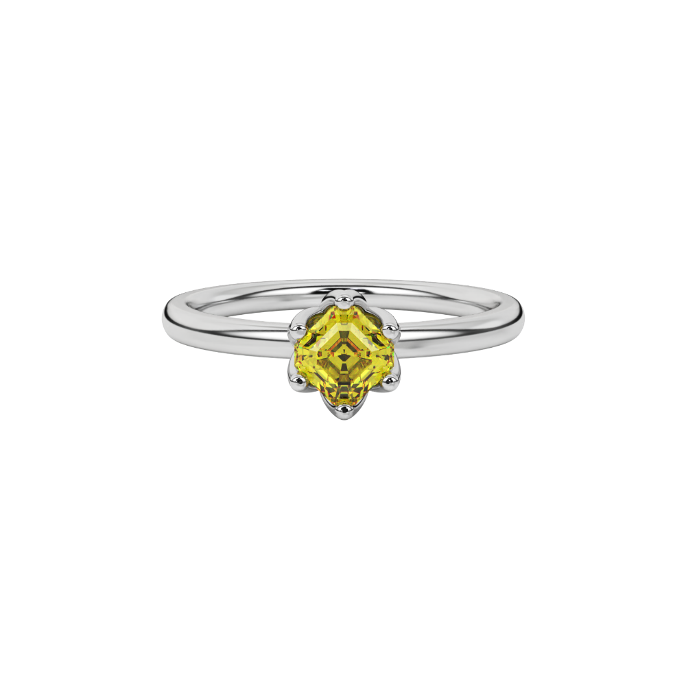 Asscher cut solitaire ring featuring a brilliant yellow gemstone secured in a six-prong crown setting crafted in gold