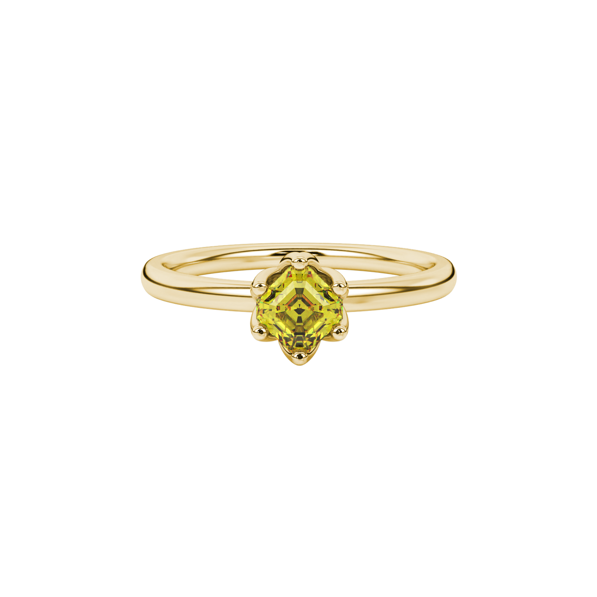 Asscher cut solitaire ring featuring a brilliant yellow gemstone secured in a six-prong crown setting crafted in gold