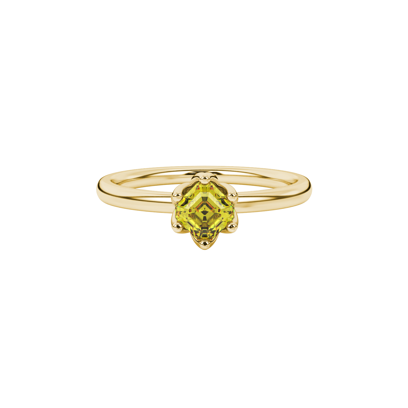 Asscher cut solitaire ring featuring a brilliant yellow gemstone secured in a six-prong crown setting crafted in gold