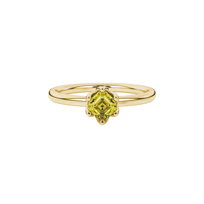Asscher cut solitaire ring featuring a brilliant yellow gemstone secured in a six-prong crown setting crafted in gold