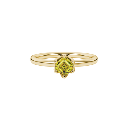 Asscher cut solitaire ring featuring a brilliant yellow gemstone secured in a six-prong crown setting crafted in gold