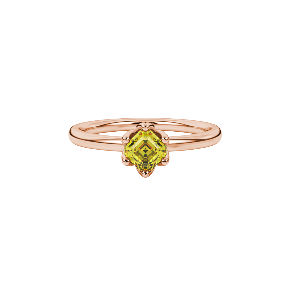 Asscher cut solitaire ring featuring a brilliant yellow gemstone secured in a six-prong crown setting crafted in gold