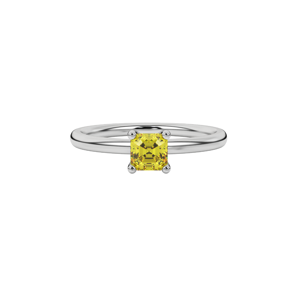 Yellow Asscher cut solitaire ring in gold featuring a 5.00 MM gemstone in a classic four-prong cathedral setting