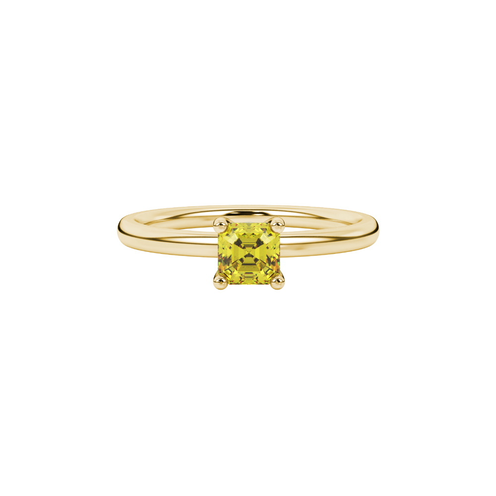 Yellow Asscher cut solitaire ring in gold featuring a 5.00 MM gemstone in a classic four-prong cathedral setting