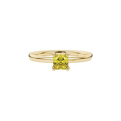 Yellow Asscher cut solitaire ring in gold featuring a 5.00 MM gemstone in a classic four-prong cathedral setting