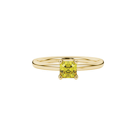 Yellow Asscher cut solitaire ring in gold featuring a 5.00 MM gemstone in a classic four-prong cathedral setting