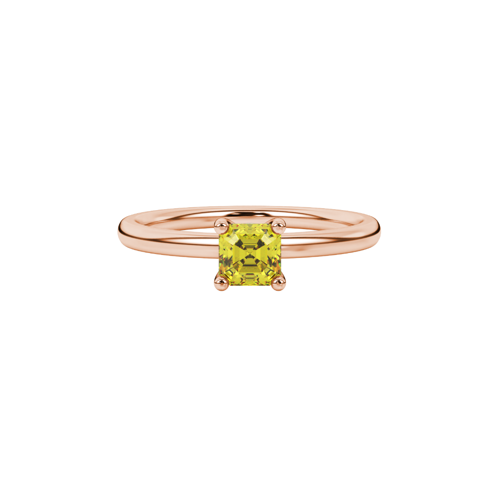Yellow Asscher cut solitaire ring in gold featuring a 5.00 MM gemstone in a classic four-prong cathedral setting