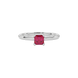 Red Asscher cut solitaire ring in gold featuring a 5.00 MM gemstone in a classic four-prong cathedral setting