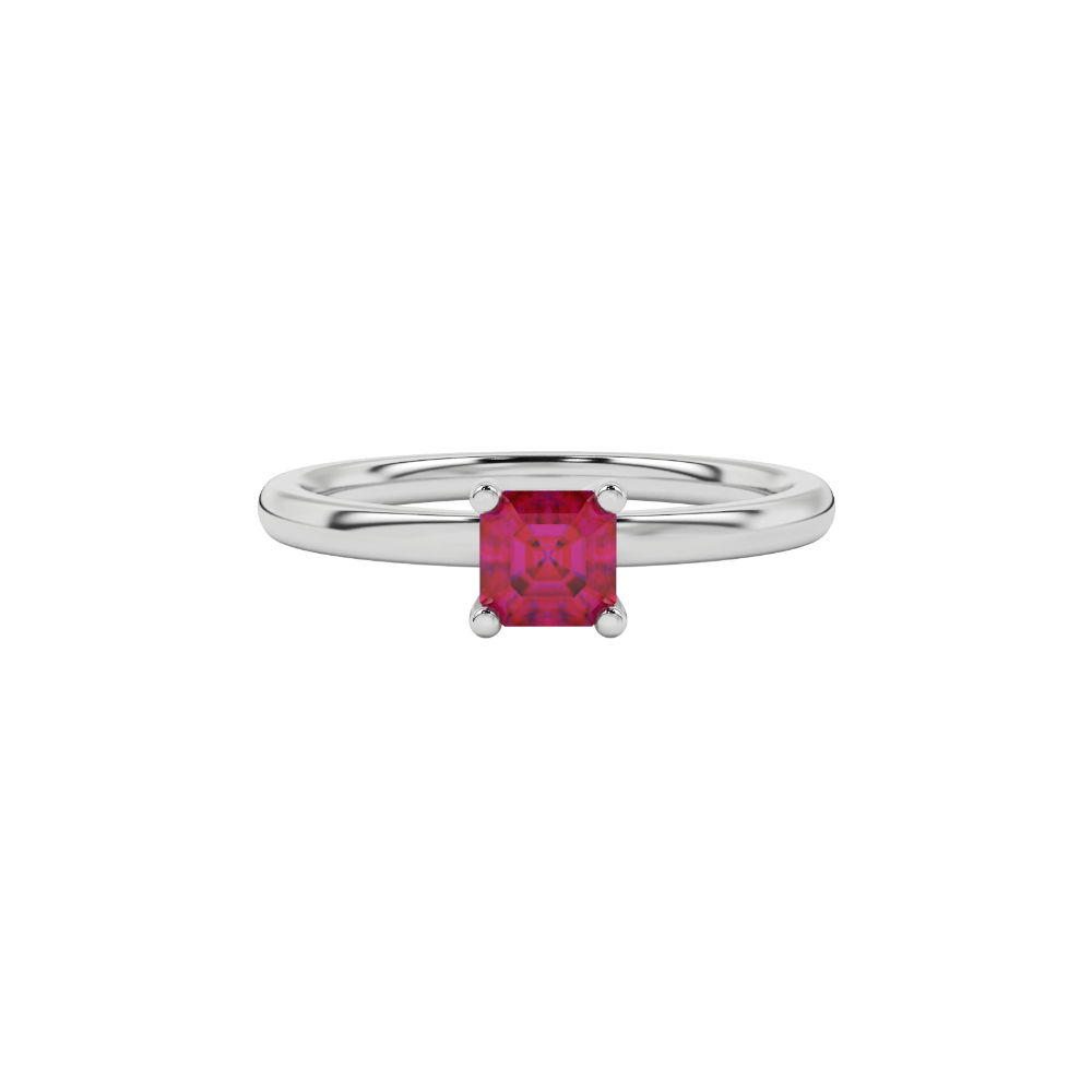 Red Asscher cut solitaire ring in gold featuring a 5.00 MM gemstone in a classic four-prong cathedral setting