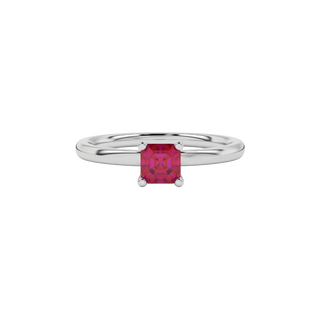 raspberry red asscher gemstone ring with accent lab-grown diamonds in white gold