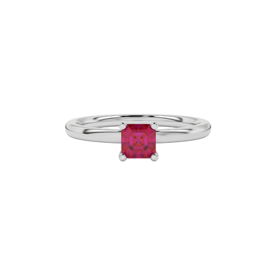 raspberry red asscher gemstone ring with accent lab-grown diamonds in white gold