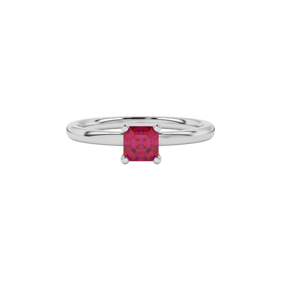 raspberry red asscher gemstone ring with accent lab-grown diamonds in white gold