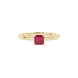 Red Asscher cut solitaire ring in gold featuring a 5.00 MM gemstone in a classic four-prong cathedral setting