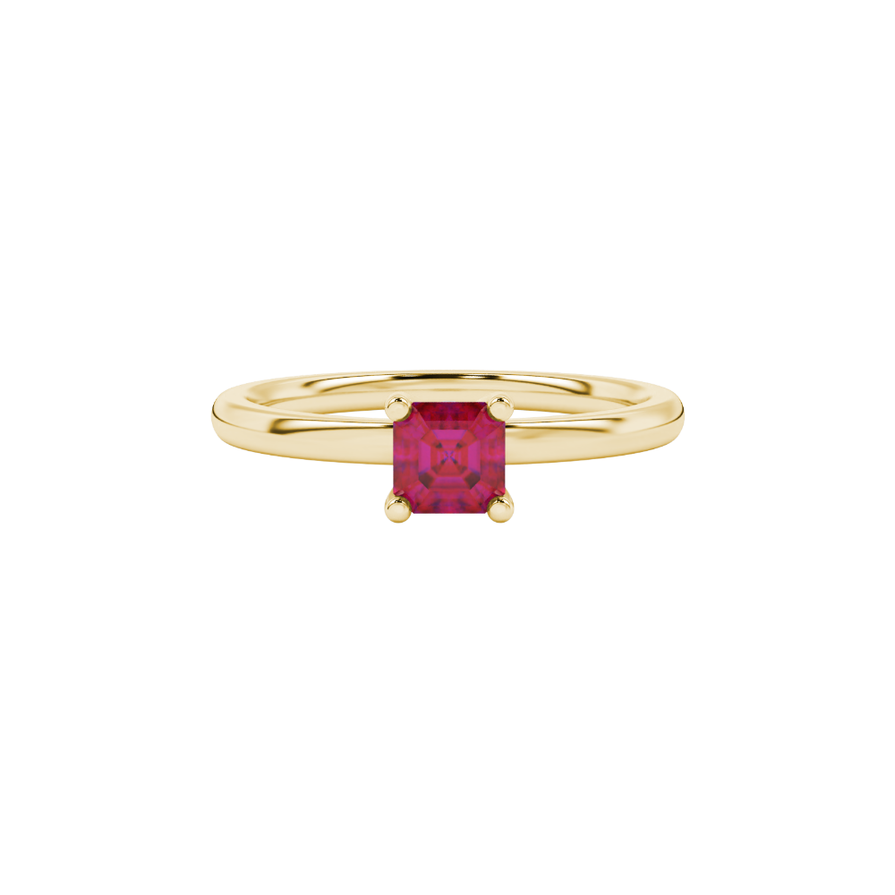 Red Asscher cut solitaire ring in gold featuring a 5.00 MM gemstone in a classic four-prong cathedral setting