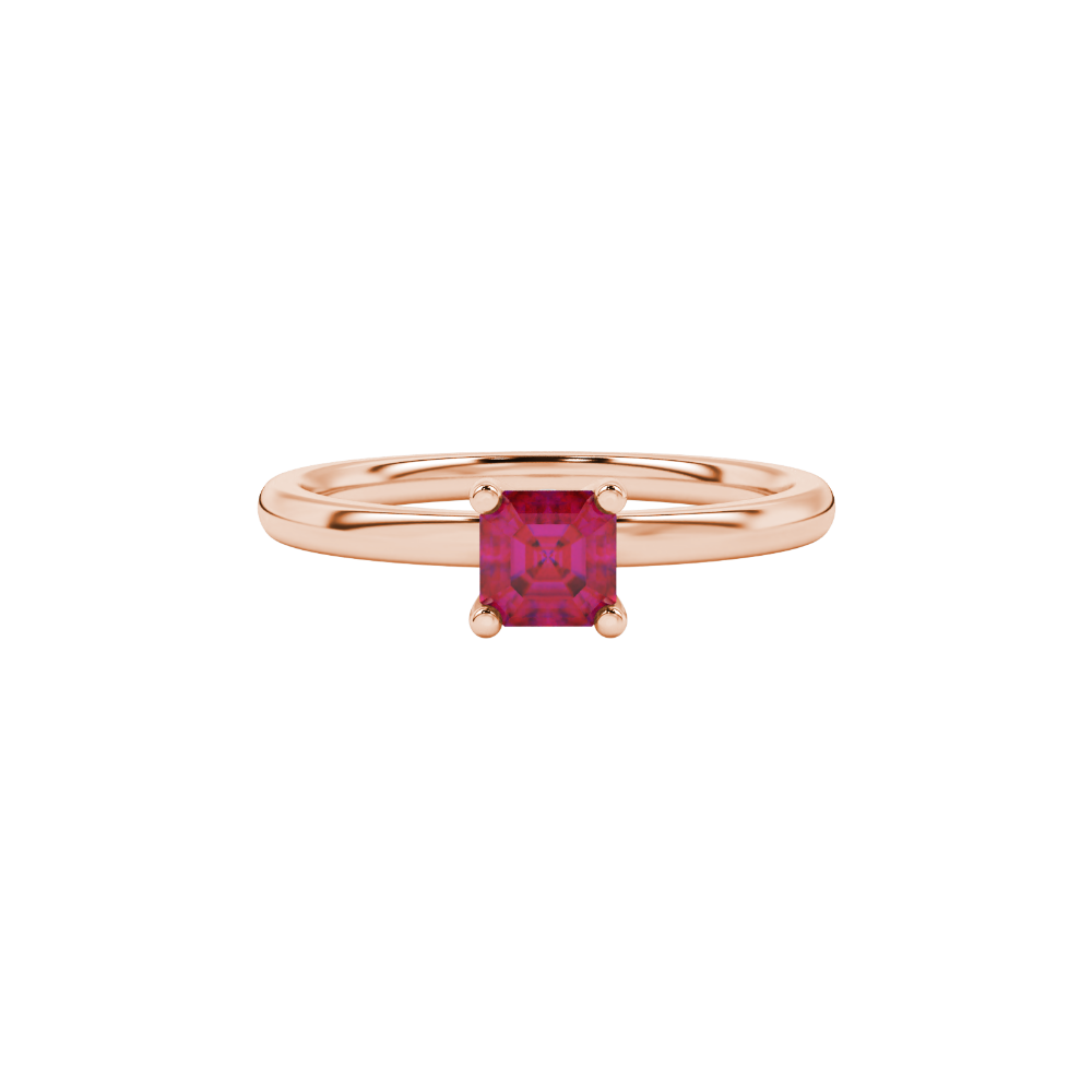 Red Asscher cut solitaire ring in gold featuring a 5.00 MM gemstone in a classic four-prong cathedral setting
