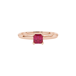 raspberry red asscher gemstone ring with accent lab-grown diamonds in rose gold