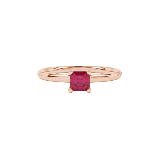 raspberry red asscher gemstone ring with accent lab-grown diamonds in rose gold