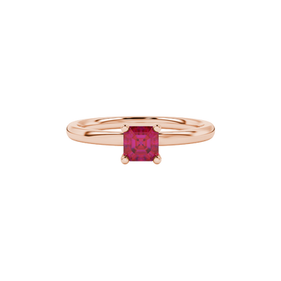 Red Asscher cut solitaire ring in gold featuring a 5.00 MM gemstone in a classic four-prong cathedral setting