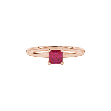 Red Asscher cut solitaire ring in gold featuring a 5.00 MM gemstone in a classic four-prong cathedral setting