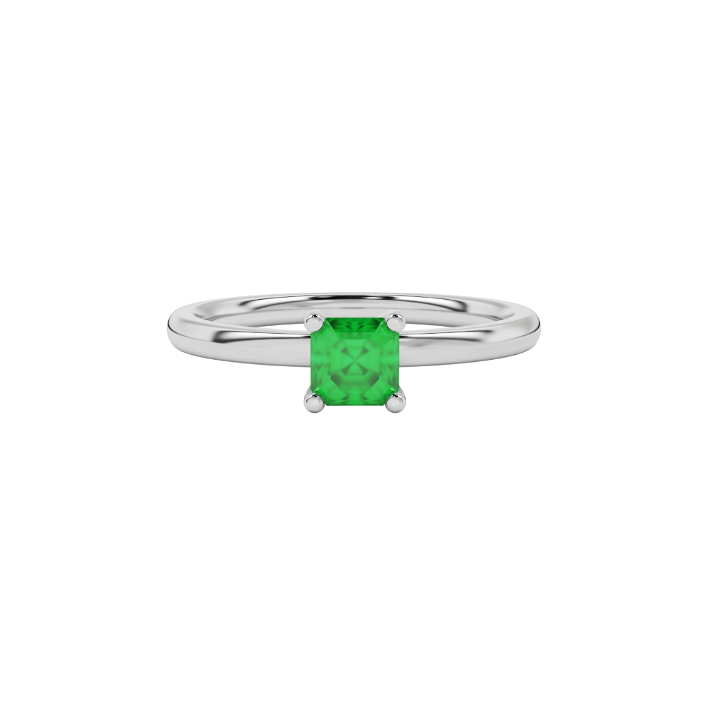 Green Asscher cut solitaire ring in gold featuring a 5.00 MM gemstone in a classic four-prong cathedral setting