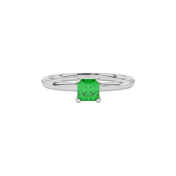 Green Asscher cut solitaire ring in gold featuring a 5.00 MM gemstone in a classic four-prong cathedral setting