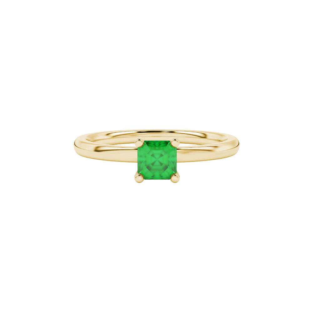Green Asscher cut solitaire ring in gold featuring a 5.00 MM gemstone in a classic four-prong cathedral setting