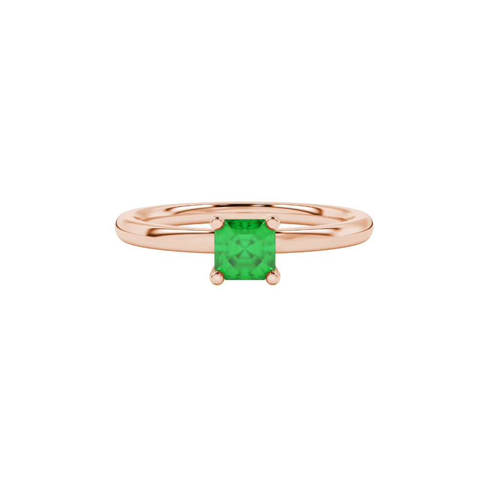 Green Asscher cut solitaire ring in gold featuring a 5.00 MM gemstone in a classic four-prong cathedral setting