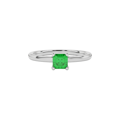 Green Asscher cut solitaire ring in gold featuring a 5.00 MM gemstone in a classic four-prong cathedral setting
