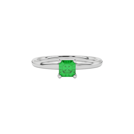 Green Asscher cut solitaire ring in gold featuring a 5.00 MM gemstone in a classic four-prong cathedral setting