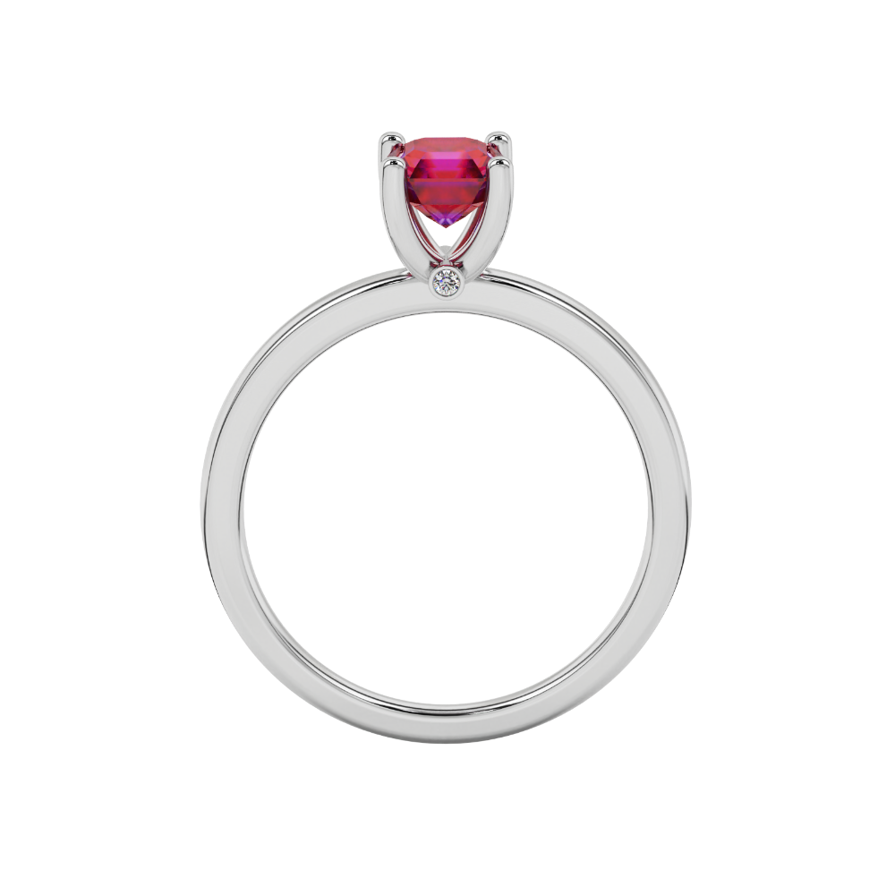 Red Asscher cut solitaire ring in gold featuring a 5.00 MM gemstone in a classic four-prong cathedral setting