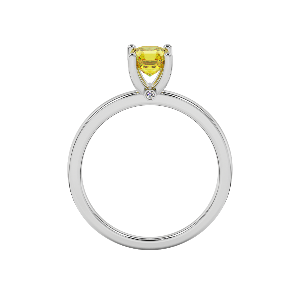 Yellow Asscher cut solitaire ring in gold featuring a 5.00 MM gemstone in a classic four-prong cathedral setting