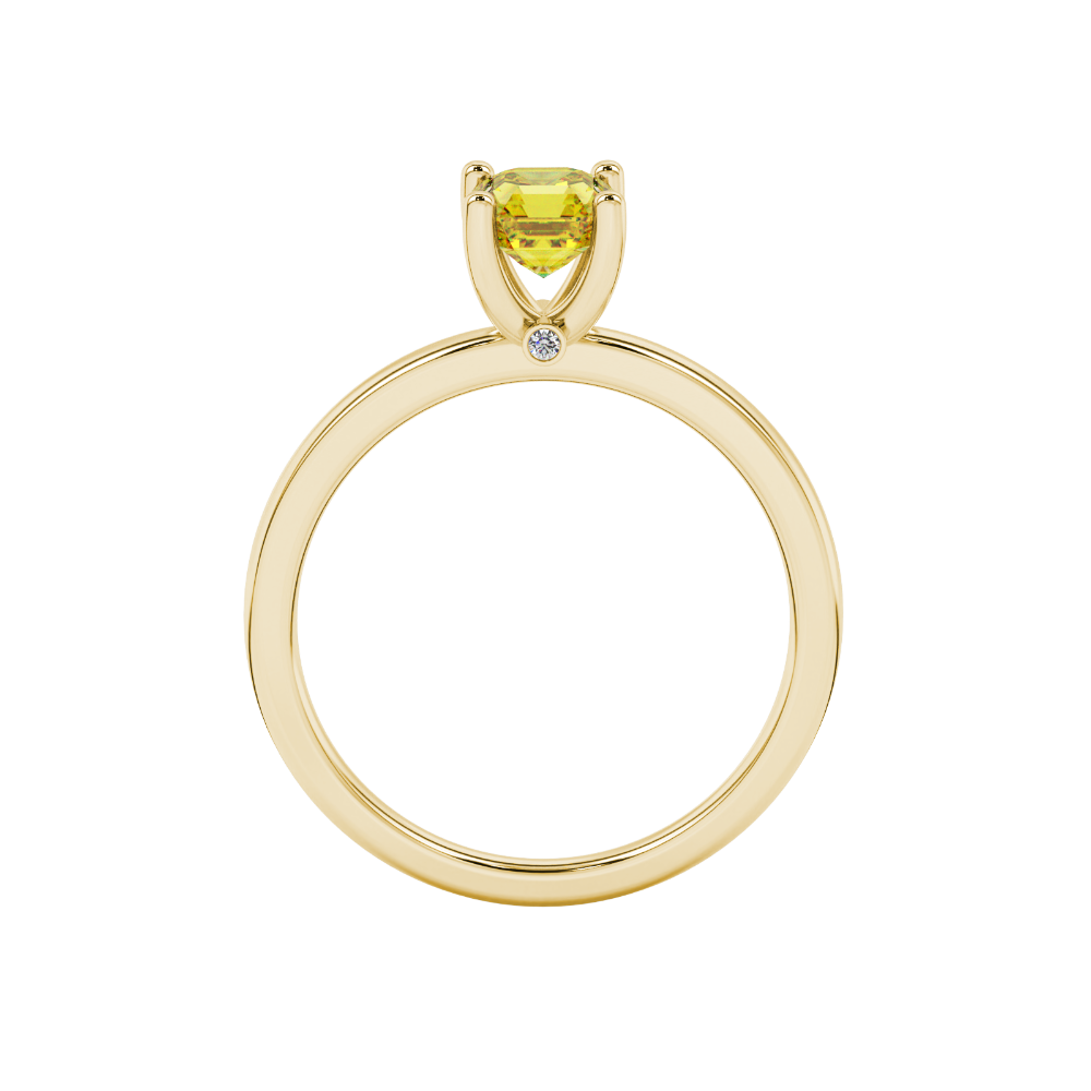 Yellow Asscher cut solitaire ring in gold featuring a 5.00 MM gemstone in a classic four-prong cathedral setting