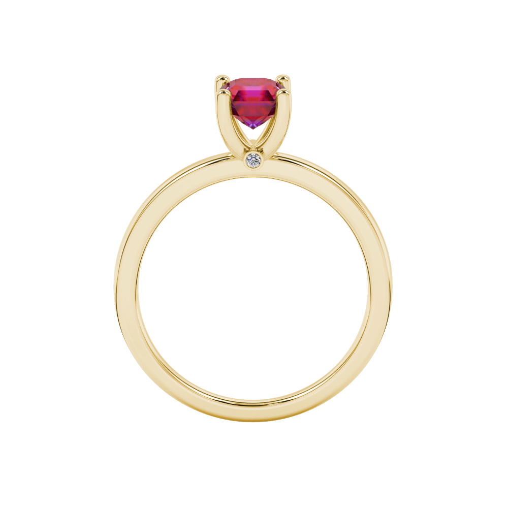 Red Asscher cut solitaire ring in gold featuring a 5.00 MM gemstone in a classic four-prong cathedral setting