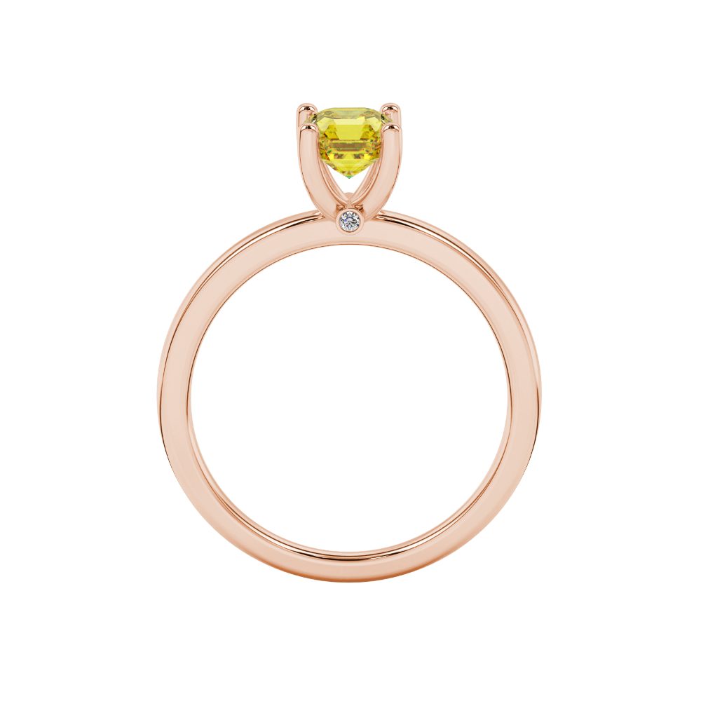Yellow Asscher cut solitaire ring in gold featuring a 5.00 MM gemstone in a classic four-prong cathedral setting