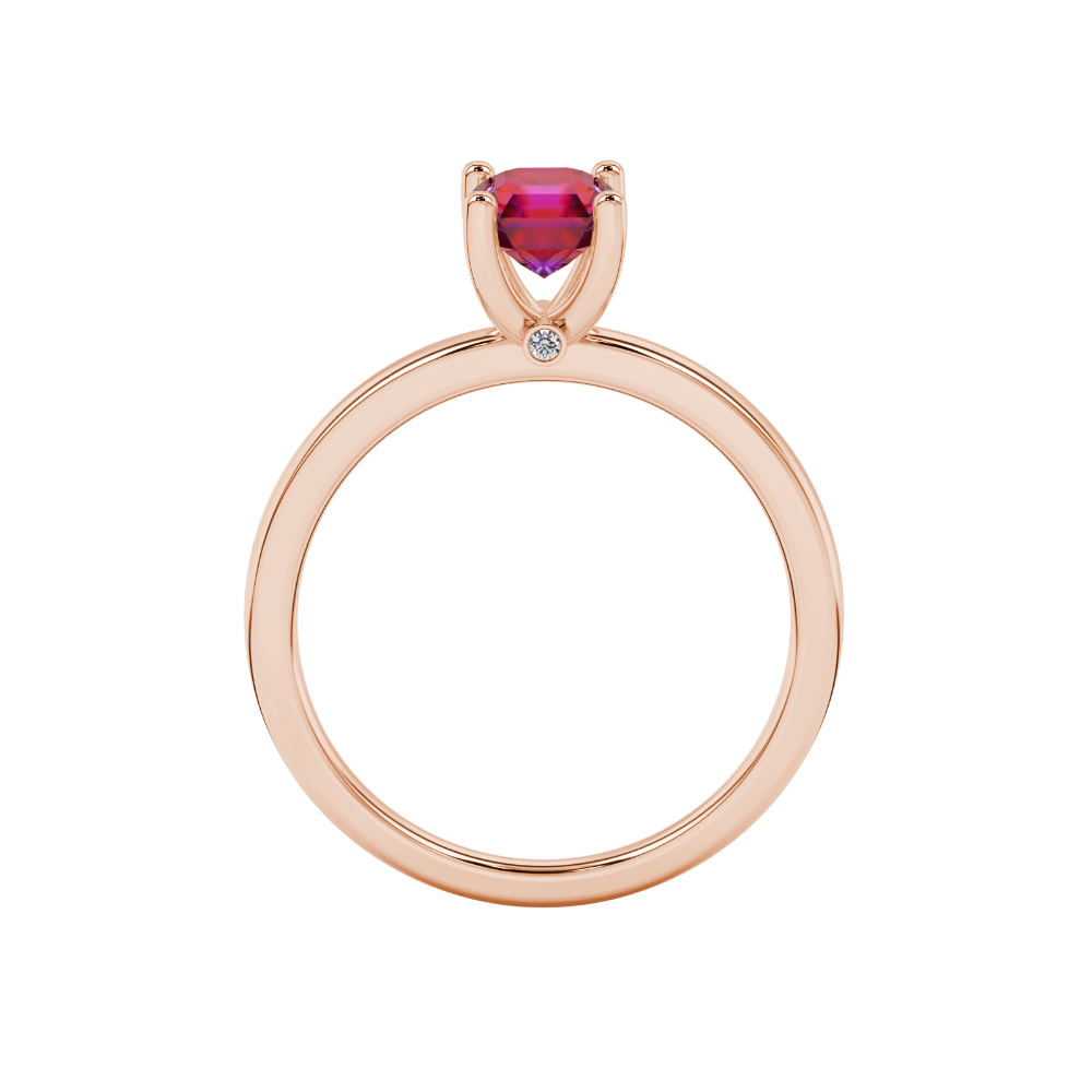Red Asscher cut solitaire ring in gold featuring a 5.00 MM gemstone in a classic four-prong cathedral setting
