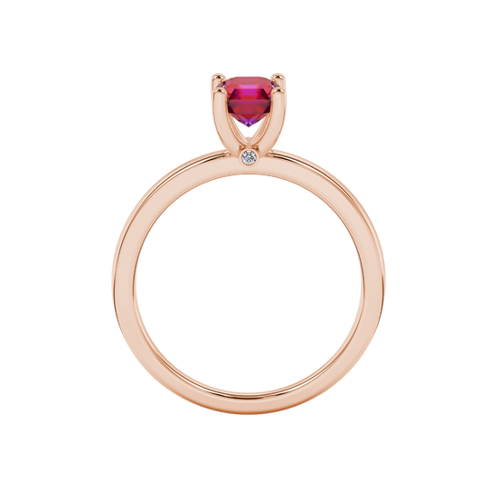 raspberry red asscher gemstone ring with accent lab-grown diamonds in rose gold