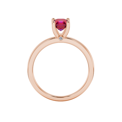 Red Asscher cut solitaire ring in gold featuring a 5.00 MM gemstone in a classic four-prong cathedral setting