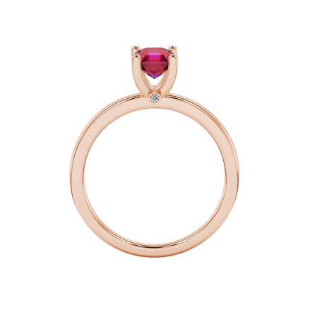 Red Asscher cut solitaire ring in gold featuring a 5.00 MM gemstone in a classic four-prong cathedral setting