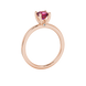 Red Asscher cut solitaire ring in gold featuring a 5.00 MM gemstone in a classic four-prong cathedral setting