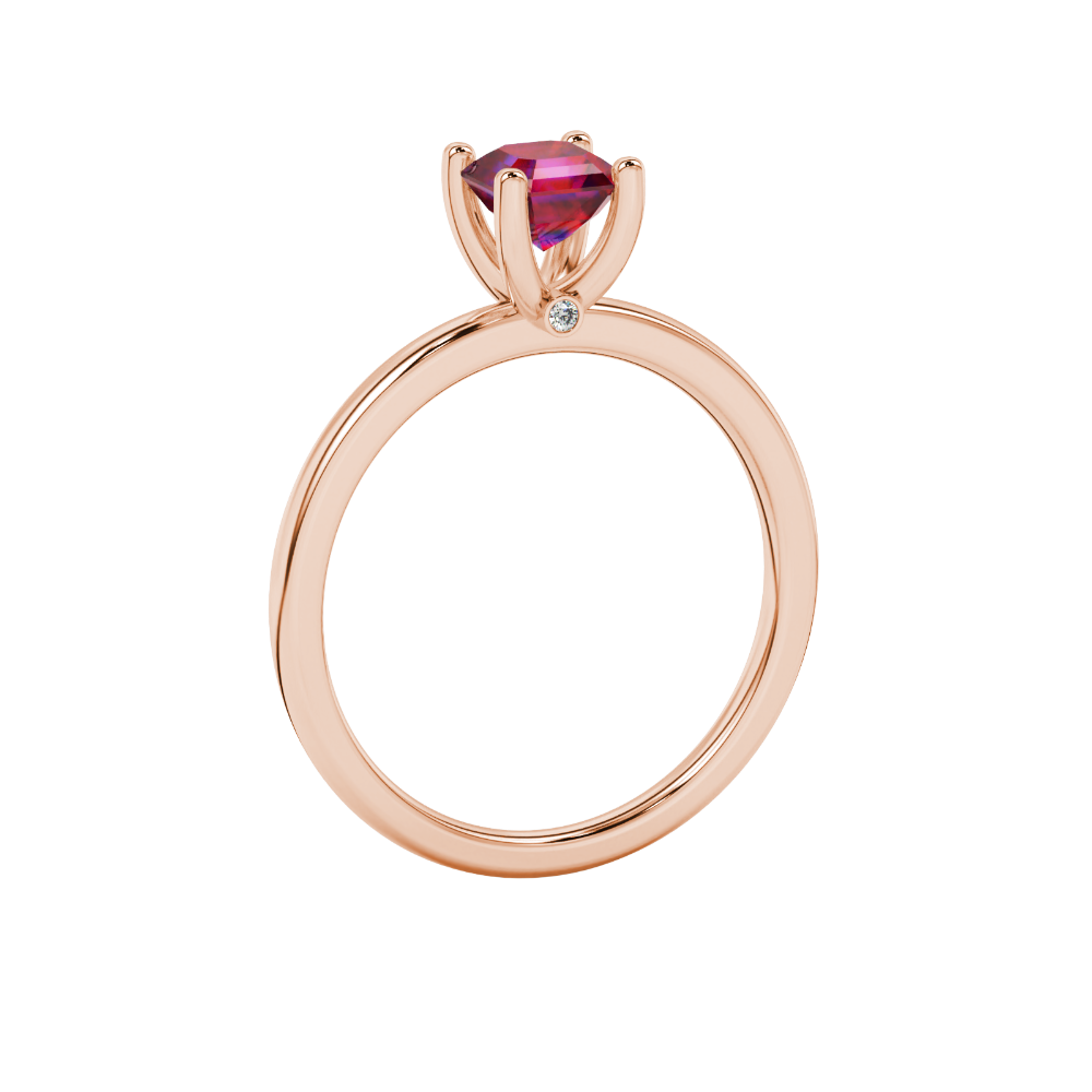 Red Asscher cut solitaire ring in gold featuring a 5.00 MM gemstone in a classic four-prong cathedral setting