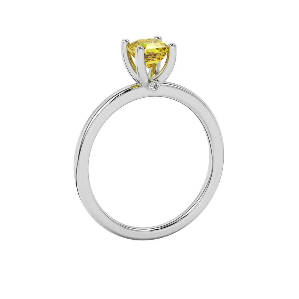 Yellow Asscher cut solitaire ring in gold featuring a 5.00 MM gemstone in a classic four-prong cathedral setting
